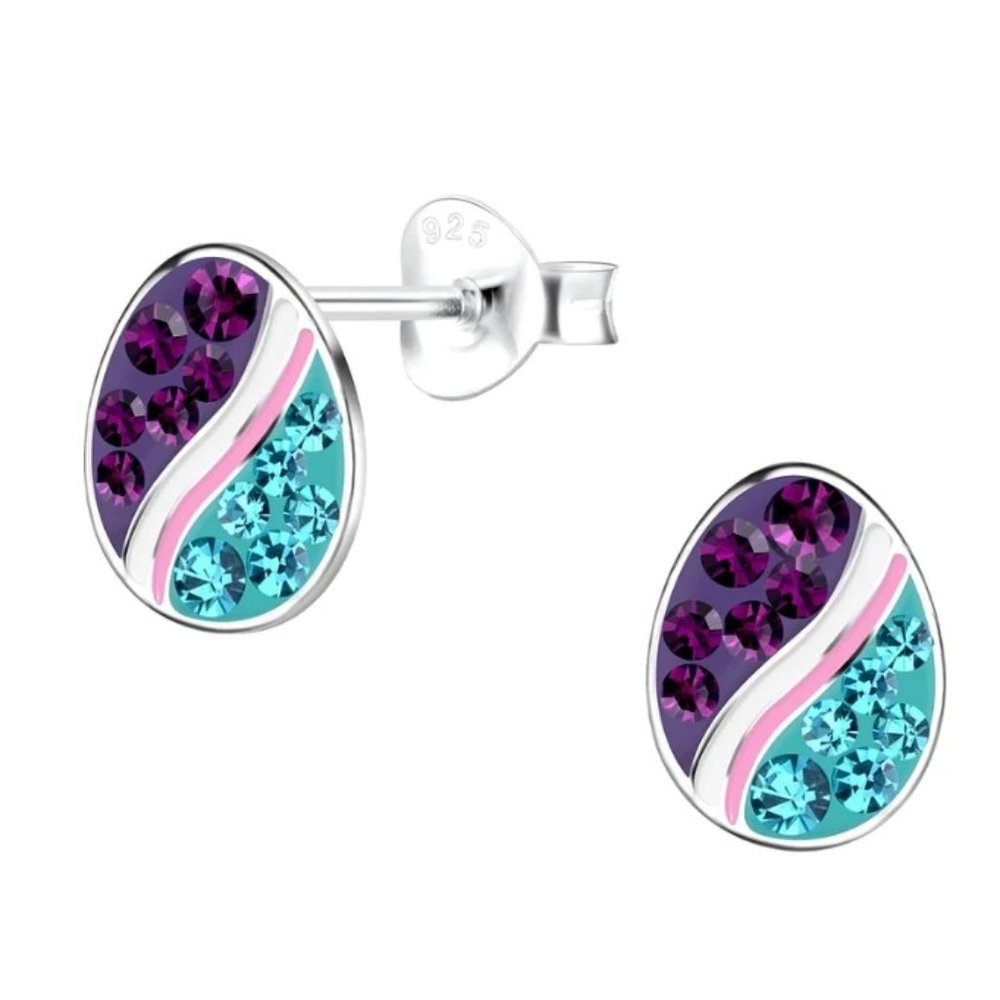 Sterling Silver Easter Egg Stud Earrings Purple Blue